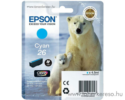 Epson 26 eredeti cyan tintapatron T26124010 Epson Expression Premium XP-605 tintasugaras nyomtathoz